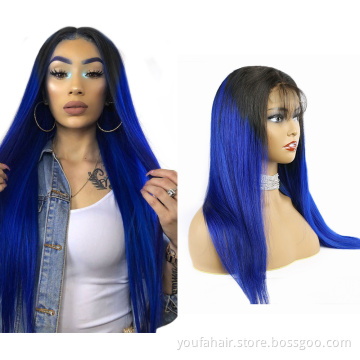 Brazilian Virgin Human Hair 1b/blue Ombre Color 4x4 HD Lace Closure Wig Pre Plucked Transparent Lace Front Wigs with Baby Hair